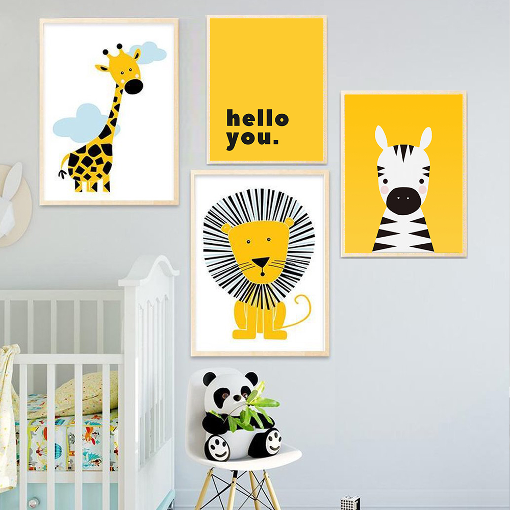 Baby Nursery Yellow Walls - Cartoon Animal Posters Yellow Lion Giraffe