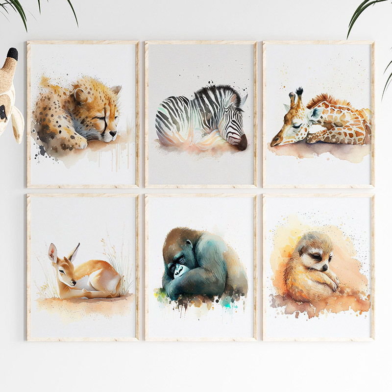 Baby Nursery Giraffe - Watercolor Sleeping Safari Animal Wall Art
